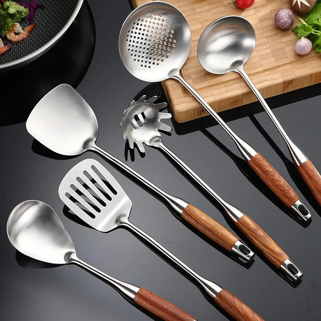 7pcs 304 Stainless Steel Kitchen Utensils Set with Wooden Handle O844561