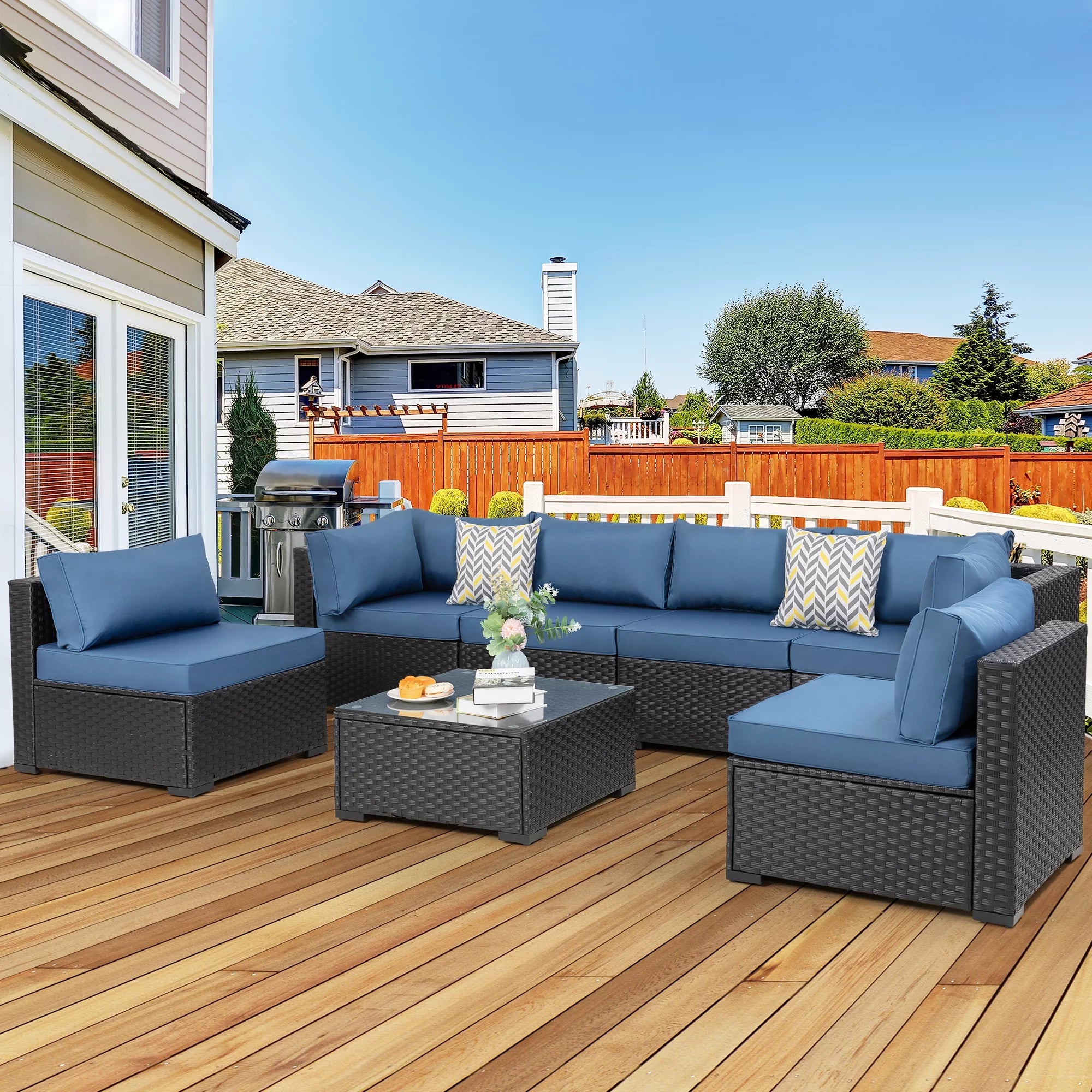 7 Pieces All-Weather Rattan Sectional Sofa with Tea Table Aegean Blue S995