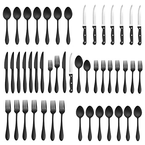 48-Piece Black Stainless Steel Silverware Set with Steak Knives K317627