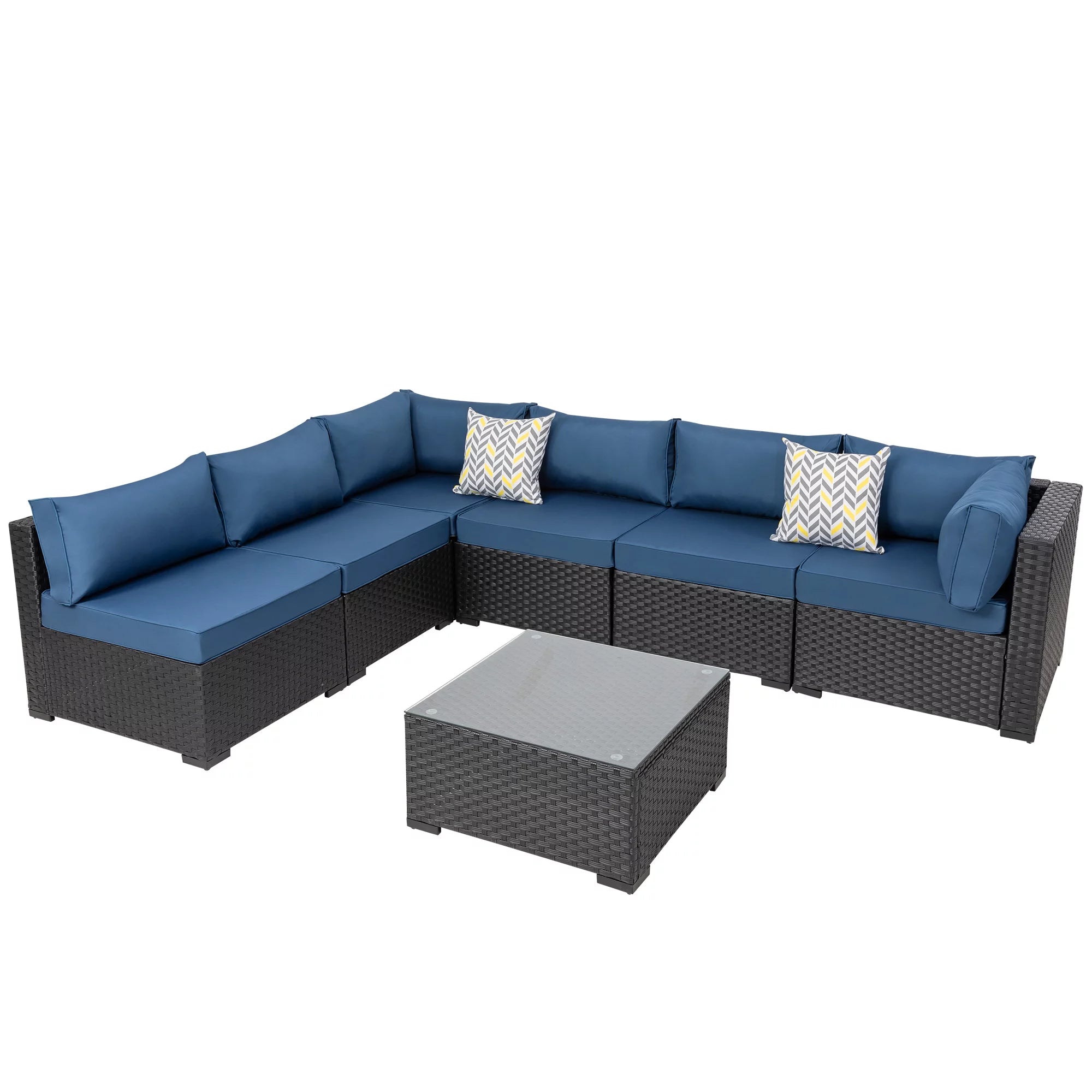 7 Pieces All-Weather Rattan Sectional Sofa with Tea Table Aegean Blue S995