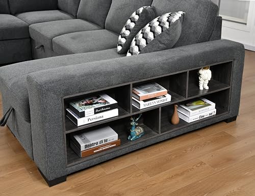 125'' U Shaped 7 Seat Sectional Sofa Couch with Cabinet, Sofa Bed with Storage Chaise and Pull-Out Couch Bed, Light Gray X6298