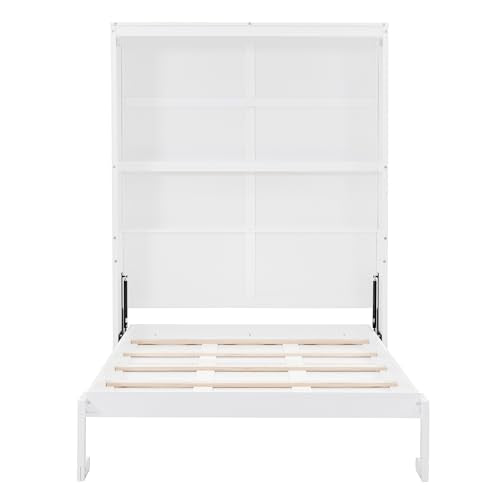 Gray Queen Size Wood Murphy Wall Bed with Shelves T522934