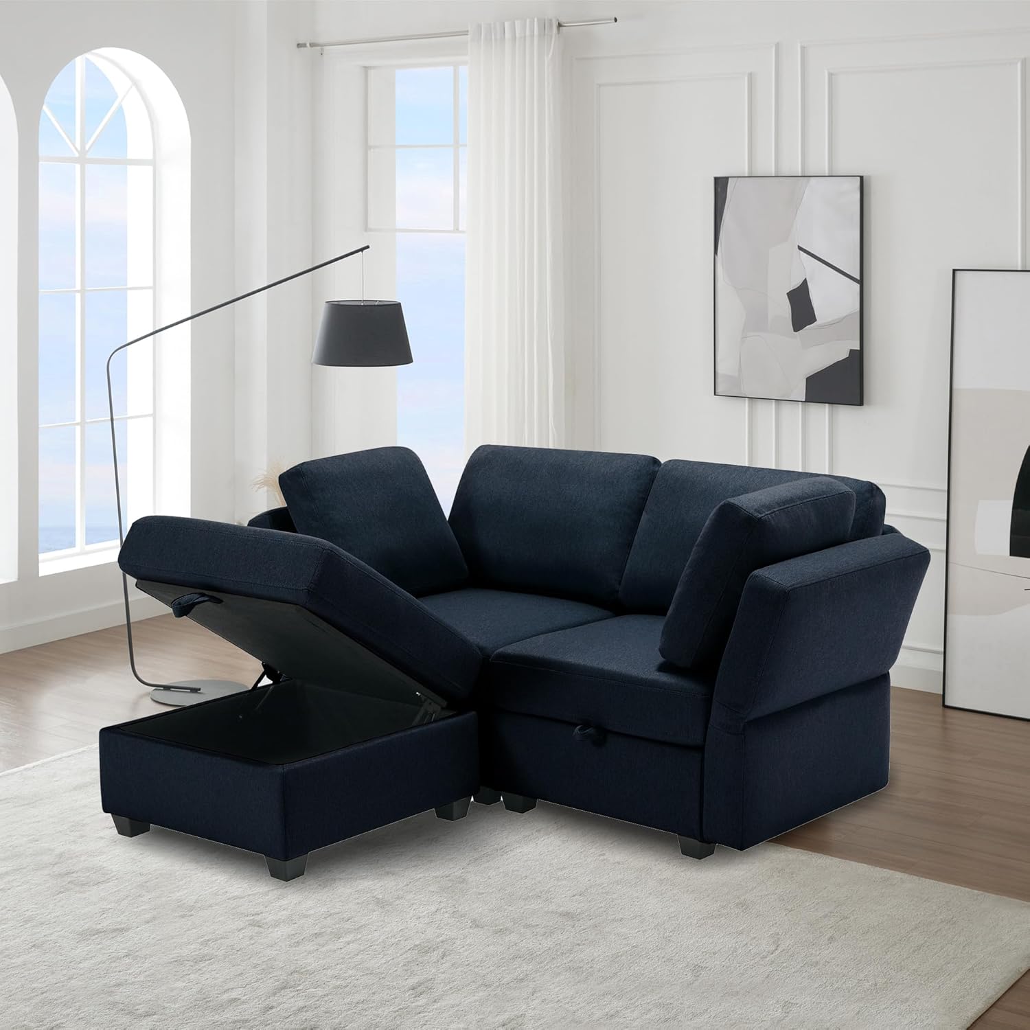 Blue 2 Seater Sectional Sofa with Ottoman and Storage X83854