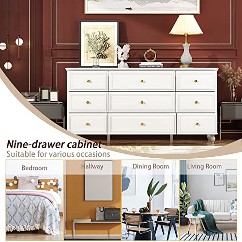 White 9 Drawer Chest of Drawers with Gold Metal Handles & Wooden Legs J6863