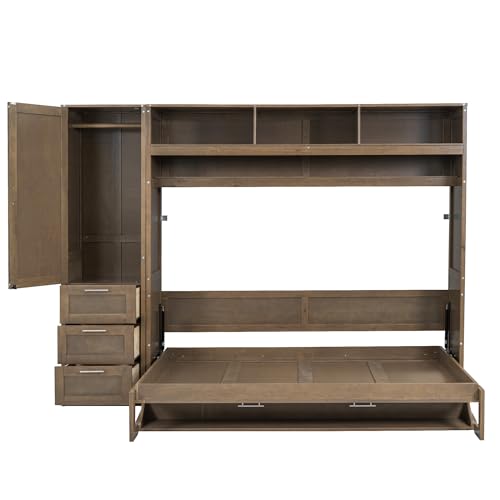 Antique Grey Solid Wood Murphy Bed with Wardrobe and Drawers K559972