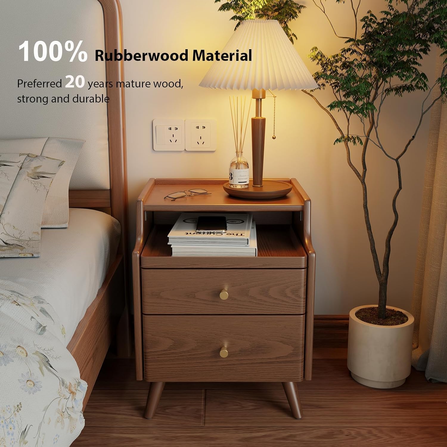 Walnut Solid Wood Nightstand with Drawers L513474