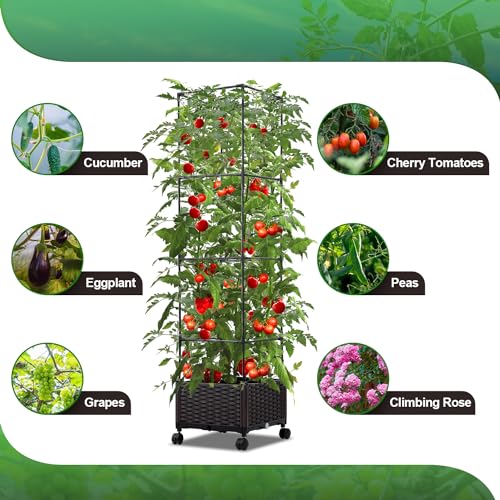 63" Large Metal Raised Garden Bed Planter Box with Trellis and Wheels A629