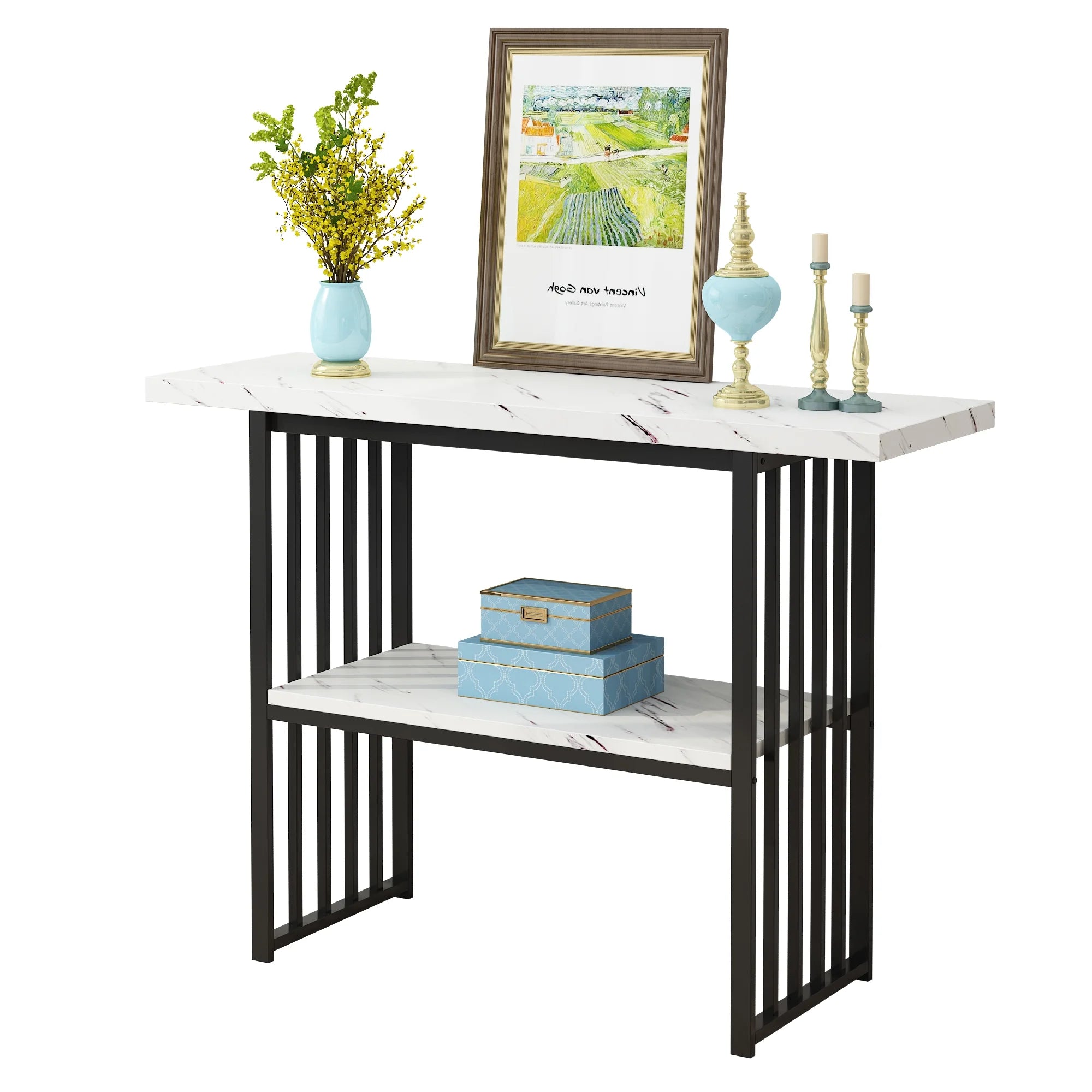 Black 42-Inch Narrow Console Table with Faux Marble Top and Metal Legs V26379
