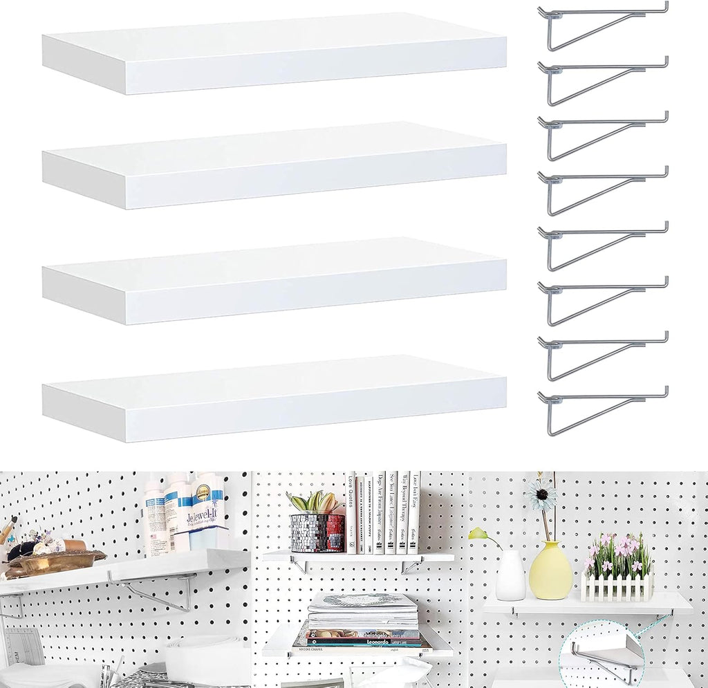 White Stain-Resistant Pegboard Shelf Set with Steel Brackets and Hooks, Pack of 2 O222