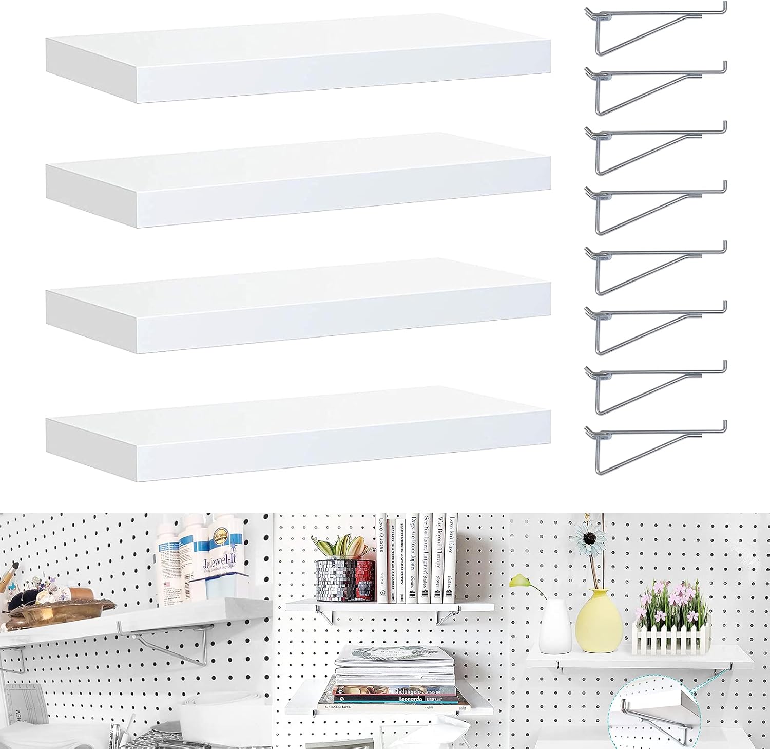 White Stain-Resistant Pegboard Shelf Set with Steel Brackets and Hooks, Pack of 2 O222