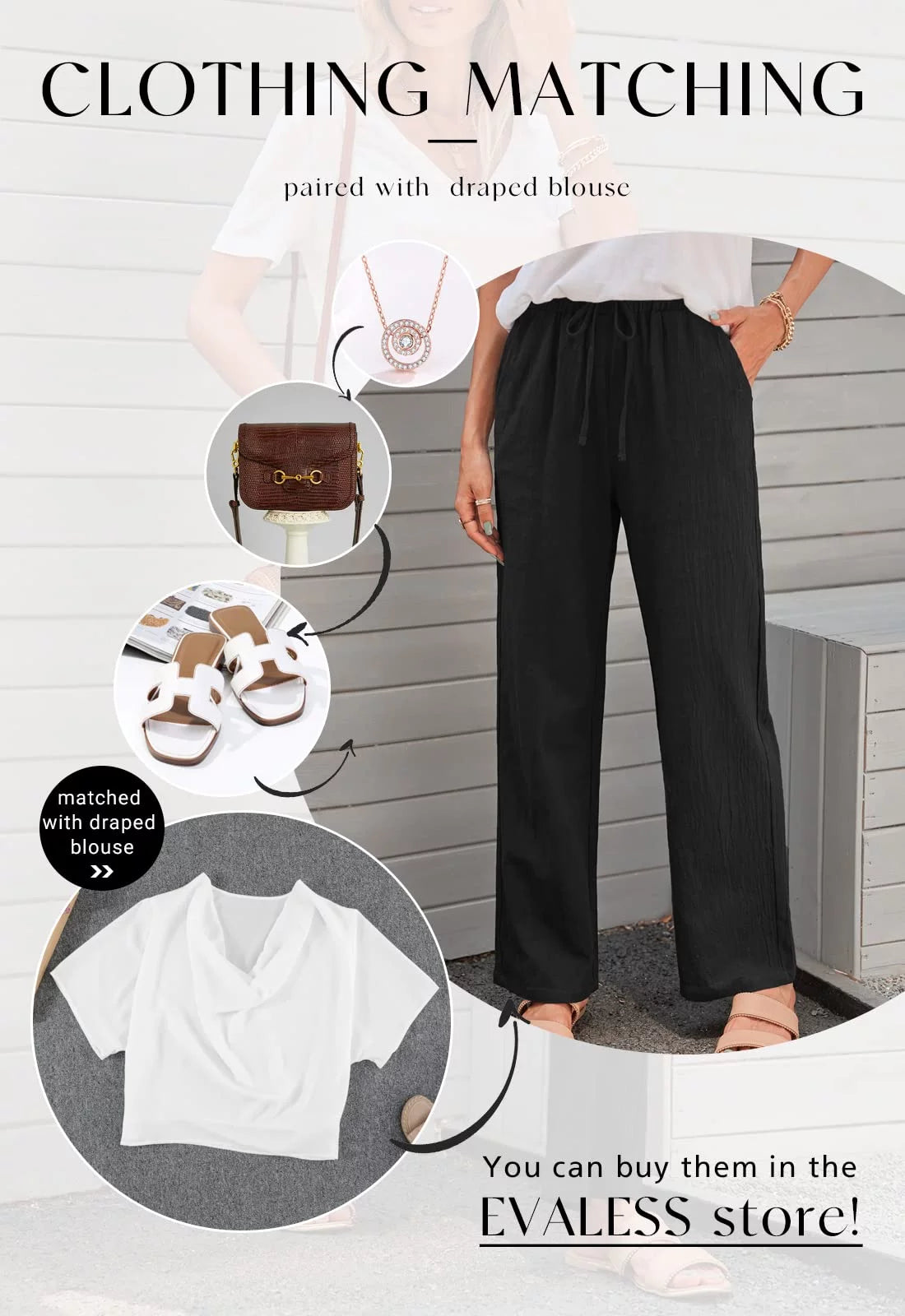 Black Linen Straight Leg Elastic Waist Pants with Pockets 2XL D299414