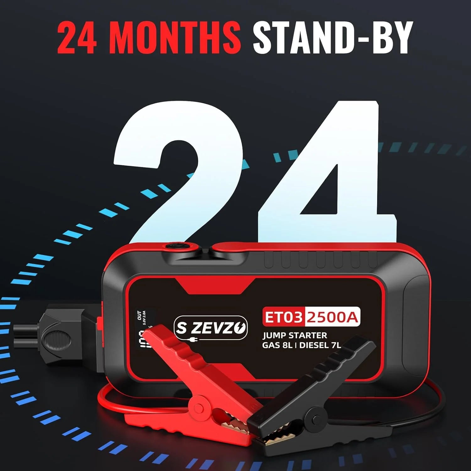 2500A 74Wh Portable 12V Car Jump Starter with LCD Display and LED Light B877
