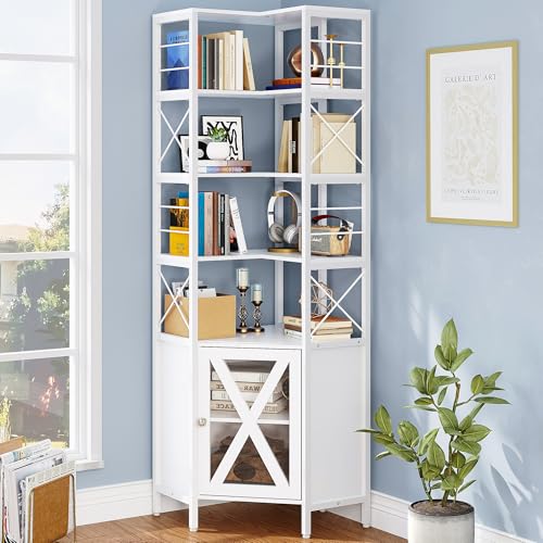 White 7-Tier Corner Bookshelf with Doors J3849