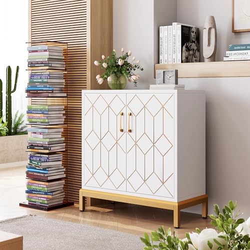 White Freestanding Sideboard Cabinet with Doors and Gold Legs N9410