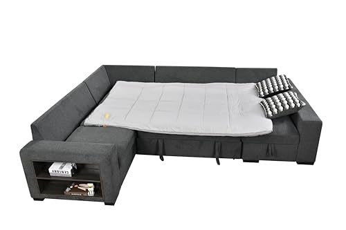 125'' U Shaped 7 Seat Sectional Sofa Couch with Cabinet, Sofa Bed with Storage Chaise and Pull-Out Couch Bed, Light Gray X6298