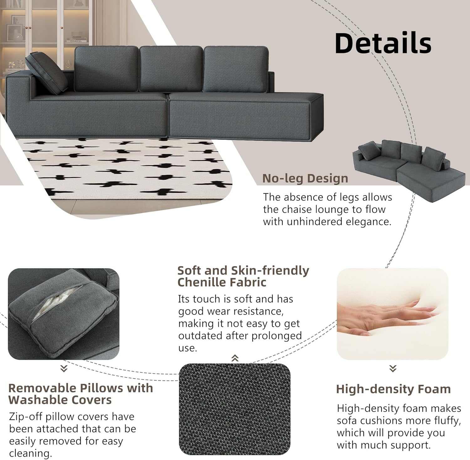 Grey Chaise Lounge Sofa Sleeper Sofa L29184