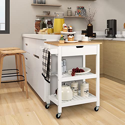 Natural Bamboo Rolling Kitchen Island Cart with Drawer and Shelves K29671