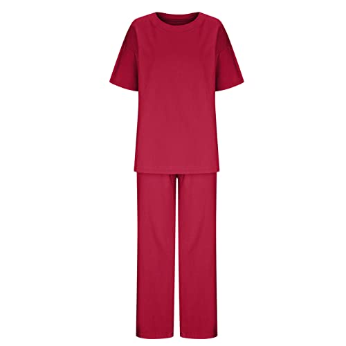 Two Piece Linen Short Sleeve Tops Wide Leg Pants Matching Sets Z819449