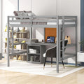 Gray Wood Loft Bed Frame With Desk, Storage Shelves And Writing Board, Two Ladders And Moveable 2-Shelf Cabinet C338