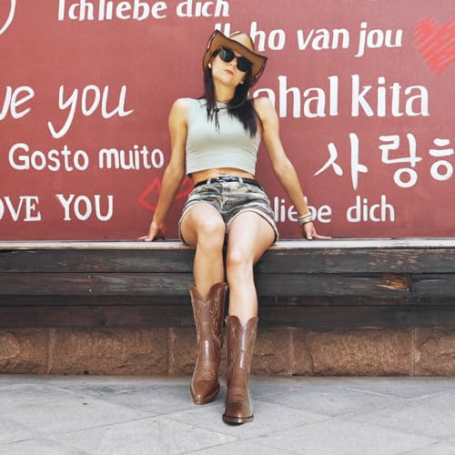 Cowboy Boots Pull On Pointy Toe Mid Calf Boots H40485