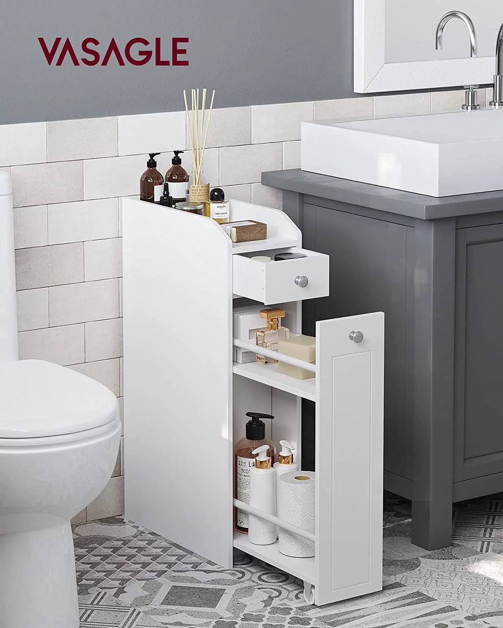 White Slim Bathroom Storage Cabinet with Slide Out Drawers T7001