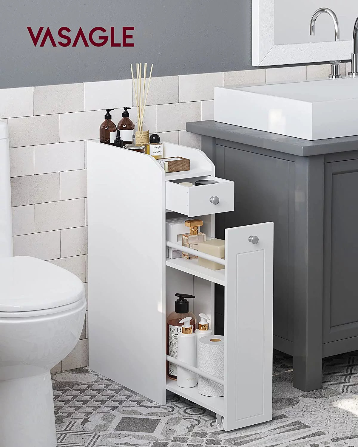 White Slim Bathroom Storage Cabinet with Slide Out Drawers T7001