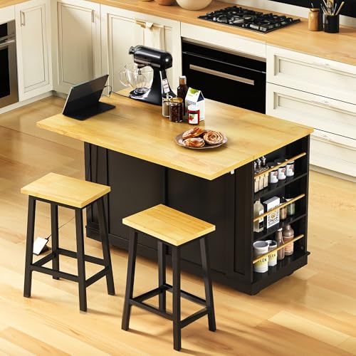Black Kitchen Island with Power Outlet and Drop Leaf W2277