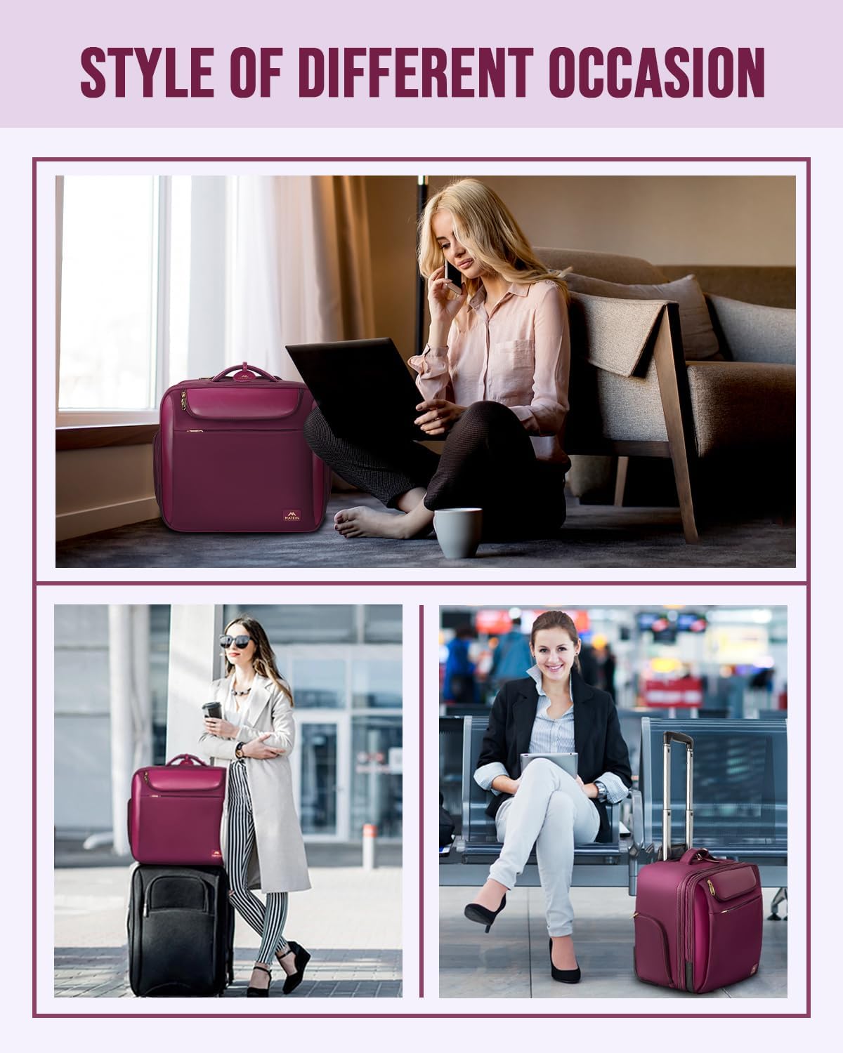 Large 17 Inch Purple Rolling Laptop Travel Bag with Wheels K814