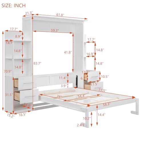 Queen Size Solid Wood Murphy Bed with Shelves and LED Lights N2382