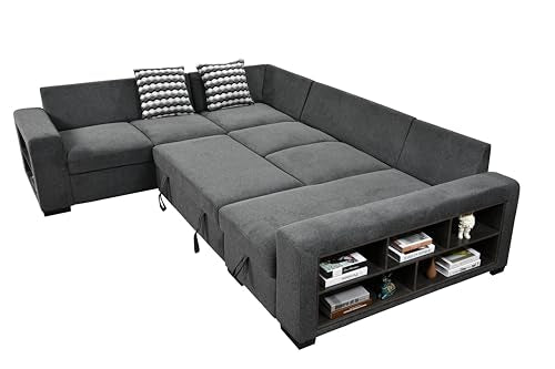 125'' U Shaped 7 Seat Sectional Sofa Couch with Cabinet, Sofa Bed with Storage Chaise and Pull-Out Couch Bed, Light Gray X6298
