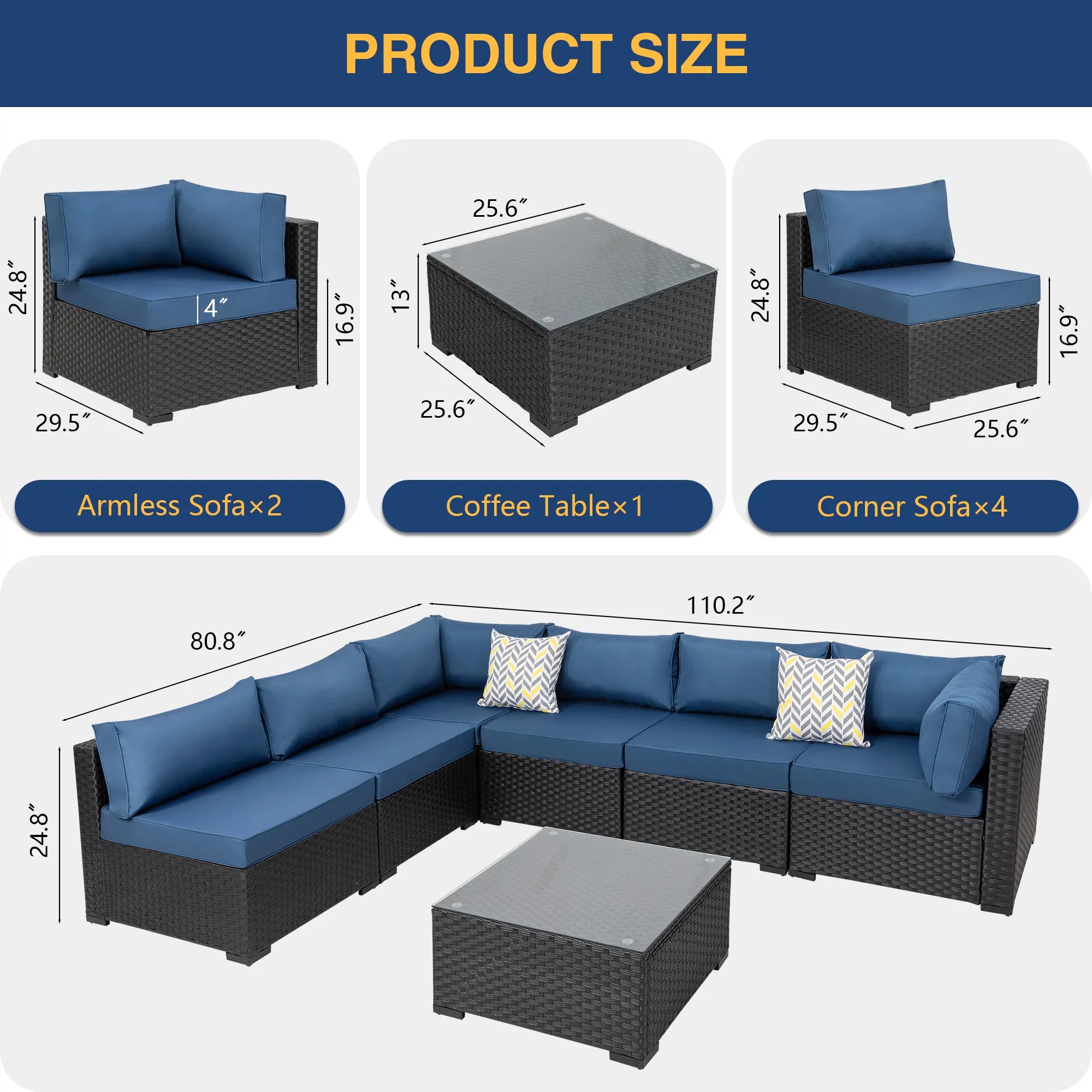 7 Pieces All-Weather Rattan Sectional Sofa with Tea Table Aegean Blue S995
