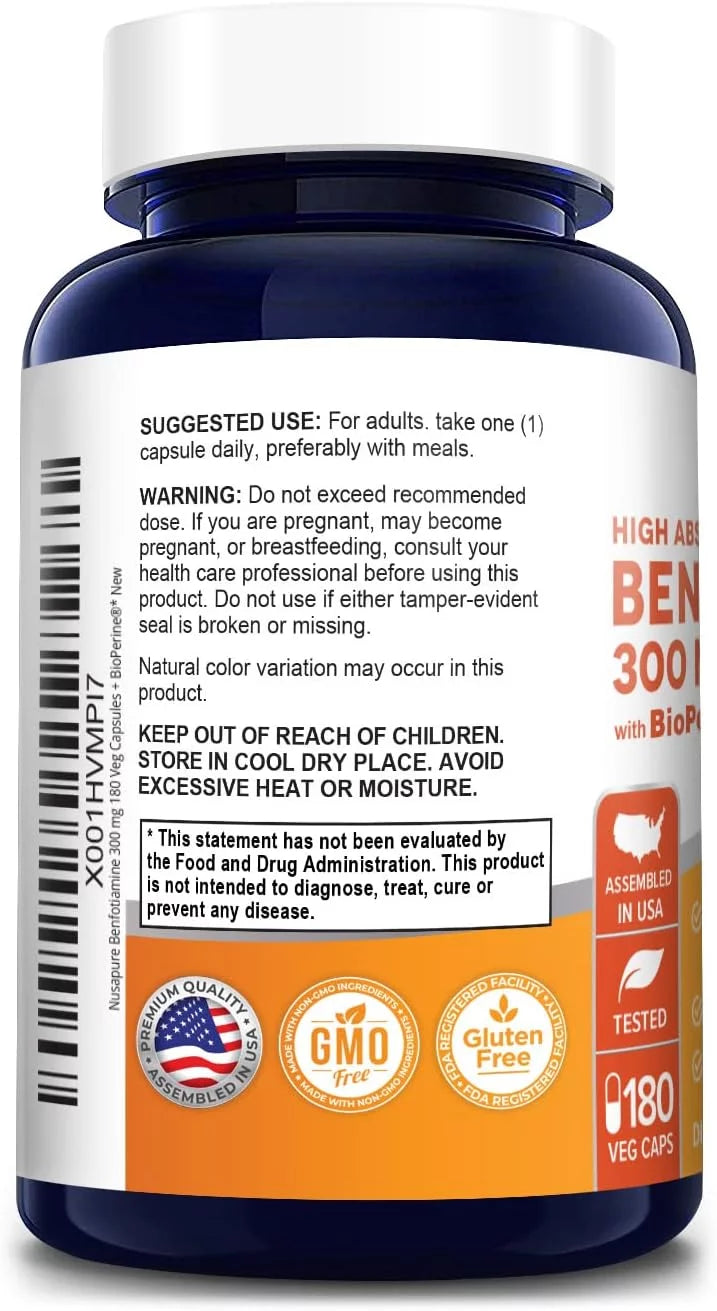 Benfotiamine 300mg Capsules 180 Veggie Caps Non-GMO Vegan Gluten-Free Dietary Supplement N94730