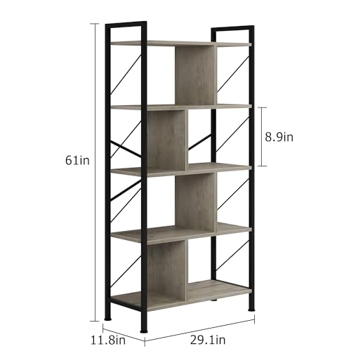 5 Tier Rustic Brown Bookshelf with Metal Frame M7552