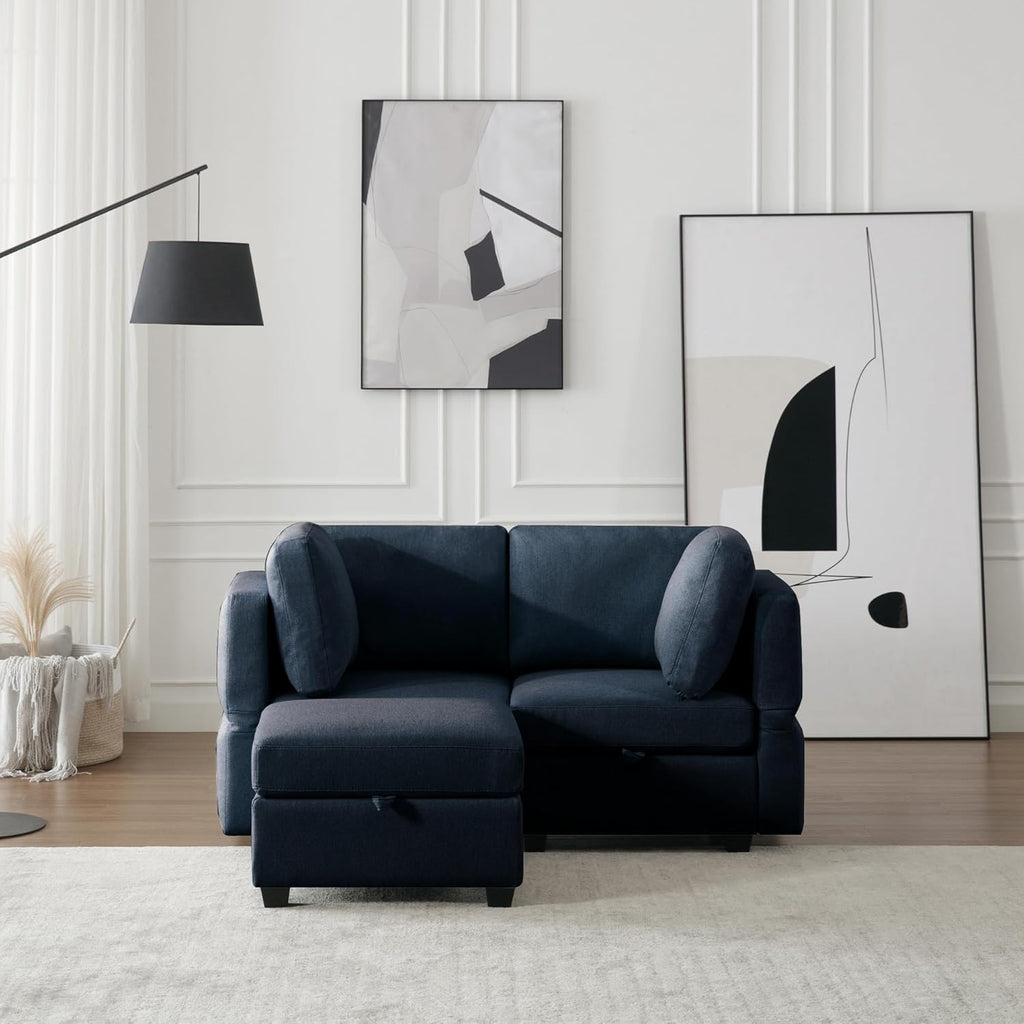 Blue 2 Seater Sectional Sofa with Ottoman and Storage X83854