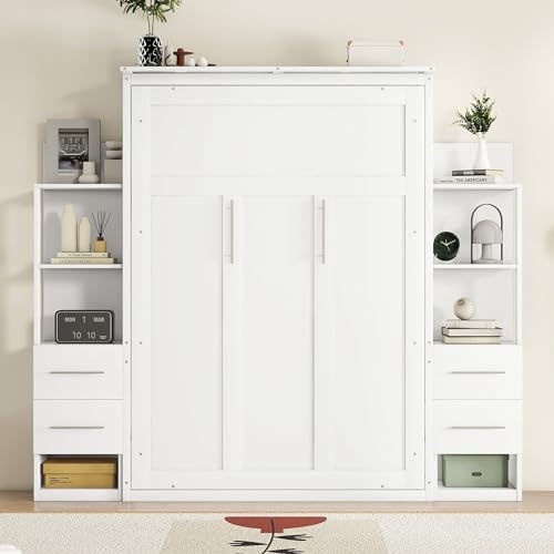 Queen Size Solid Wood Murphy Bed with Shelves and LED Lights N2382