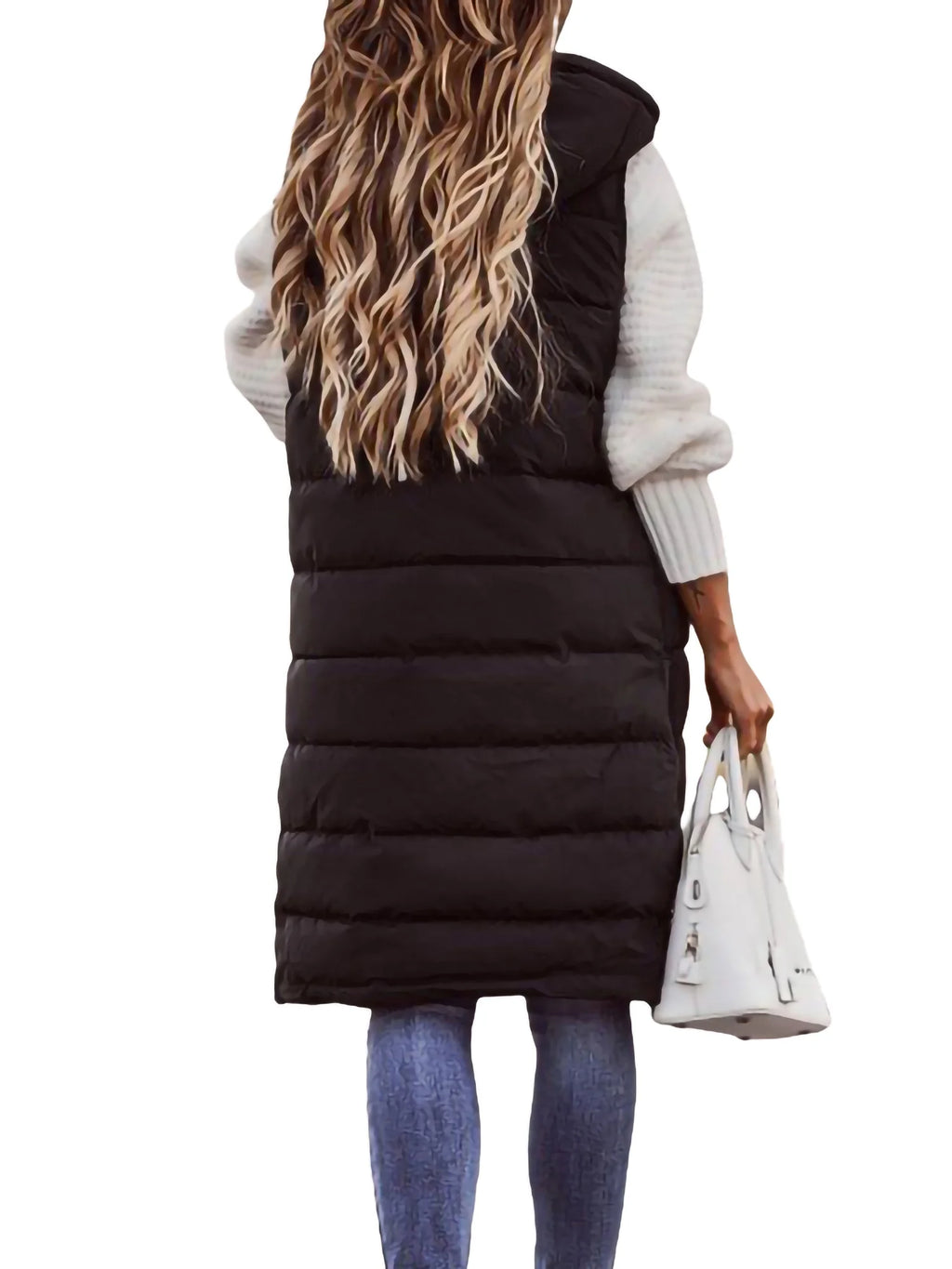 Women Long Down Vest Sleeveless Hooded Zipper Puffer Jacket F3311
