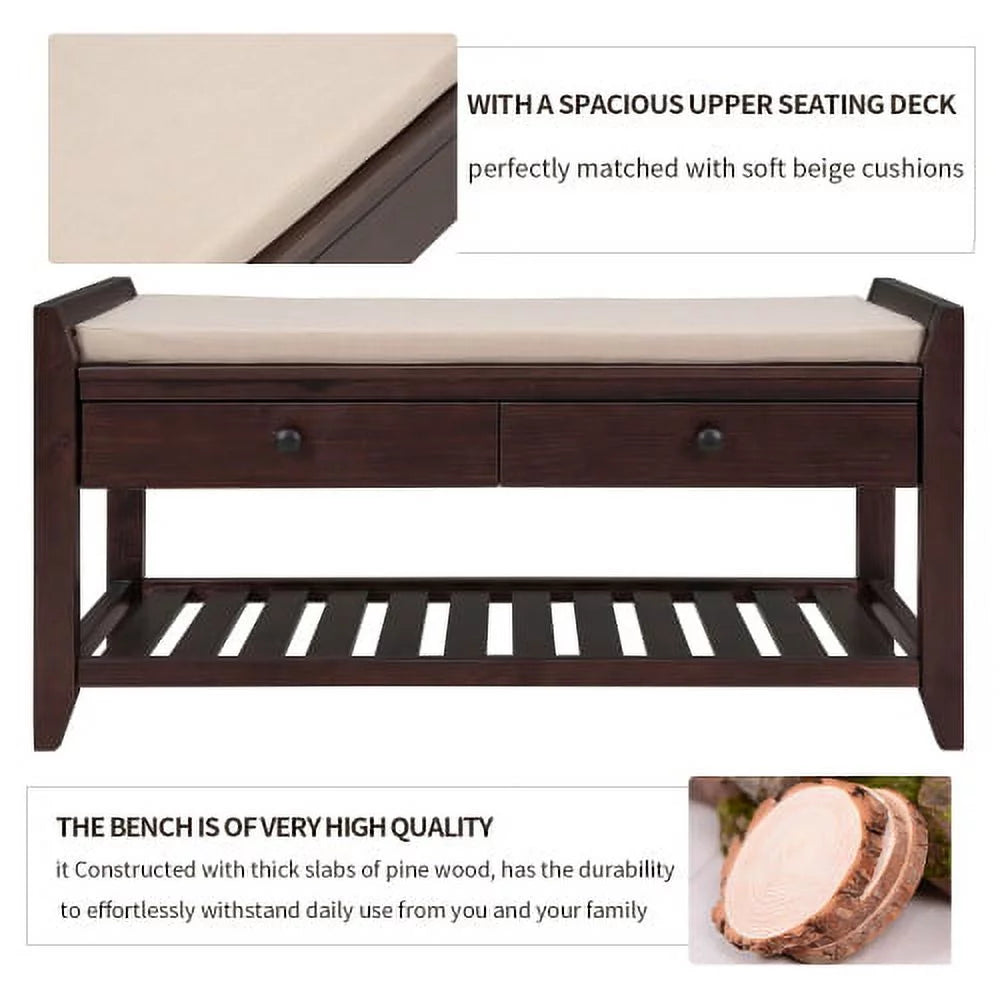 Espresso Shoe Rack with Cushioned Seat and Drawers J126