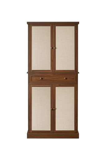 Tall Cabinet with 4 Rattan Doors and 1 Drawers, Adjustable Shelves (Walnut) U4723