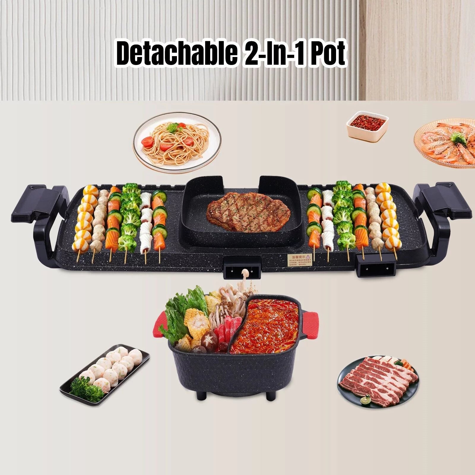 2200W 2 in 1 Detachable Electric Smokeless Grill and Hot Pot L23393