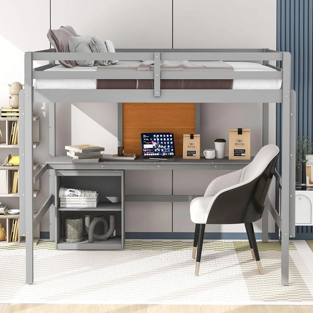 Gray Wood Loft Bed Frame With Desk, Storage Shelves And Writing Board, Two Ladders And Moveable 2-Shelf Cabinet C338