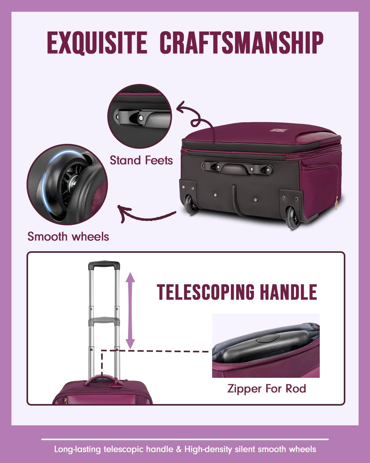 Large 17 Inch Purple Rolling Laptop Travel Bag with Wheels K814