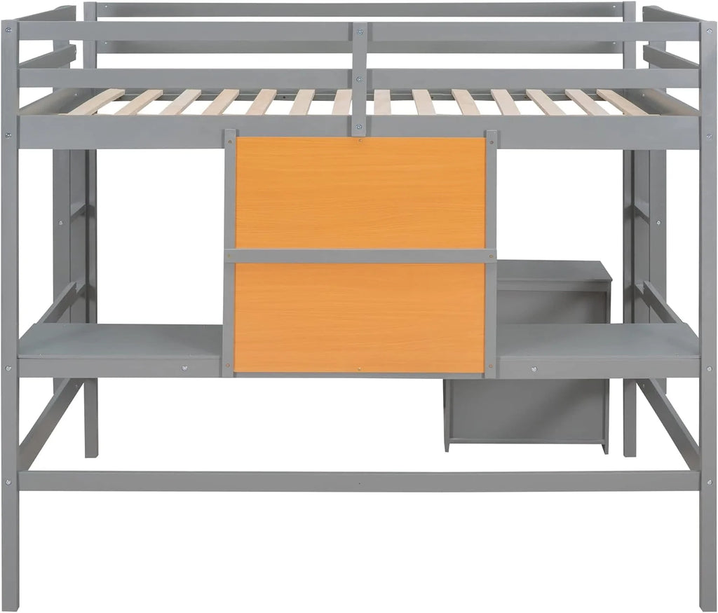 Gray Wood Loft Bed Frame With Desk, Storage Shelves And Writing Board, Two Ladders And Moveable 2-Shelf Cabinet C338