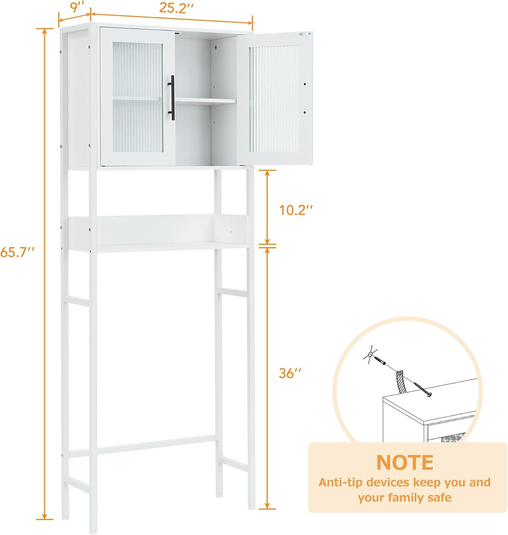 White Over The Toilet Storage Cabinet with Glass Doors and Adjustable Shelves I888