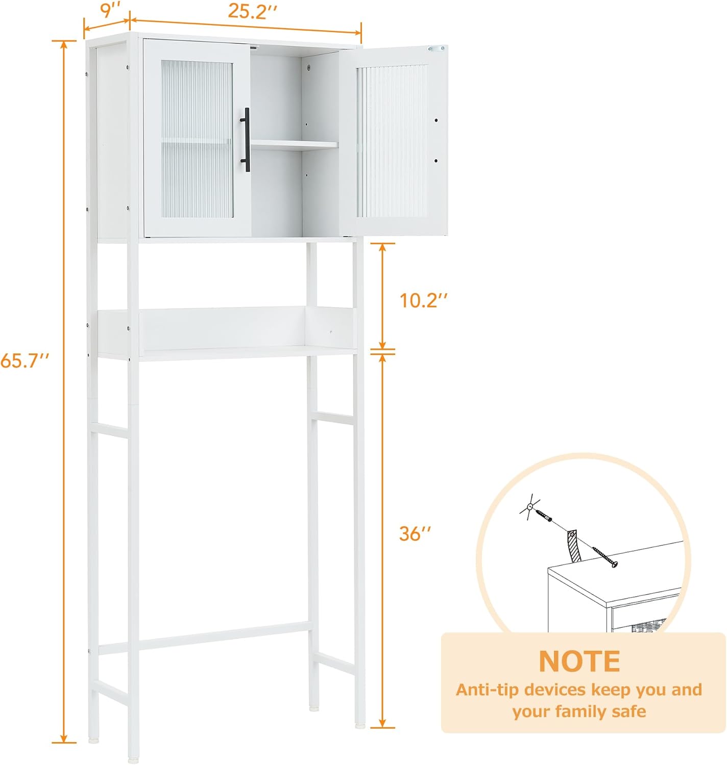 White Over The Toilet Storage Cabinet with Glass Doors and Adjustable Shelves I888