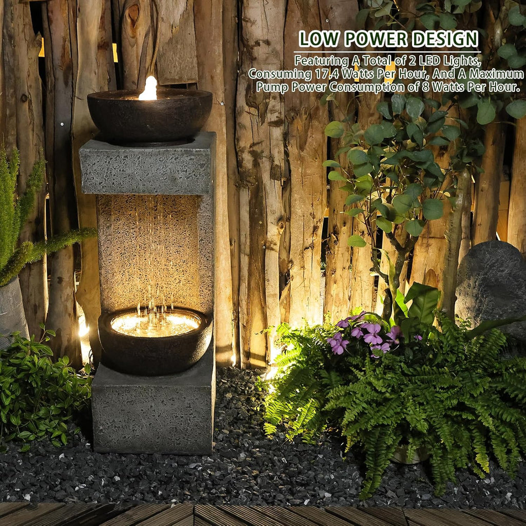 33.9" H Modern Tiered Outdoor Fountain with Lights and Stone Planter T304286