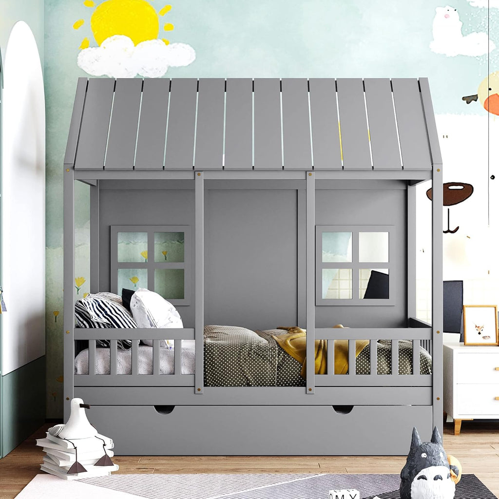 Gray Twin Size Wooden House Bed with Trundle F23323