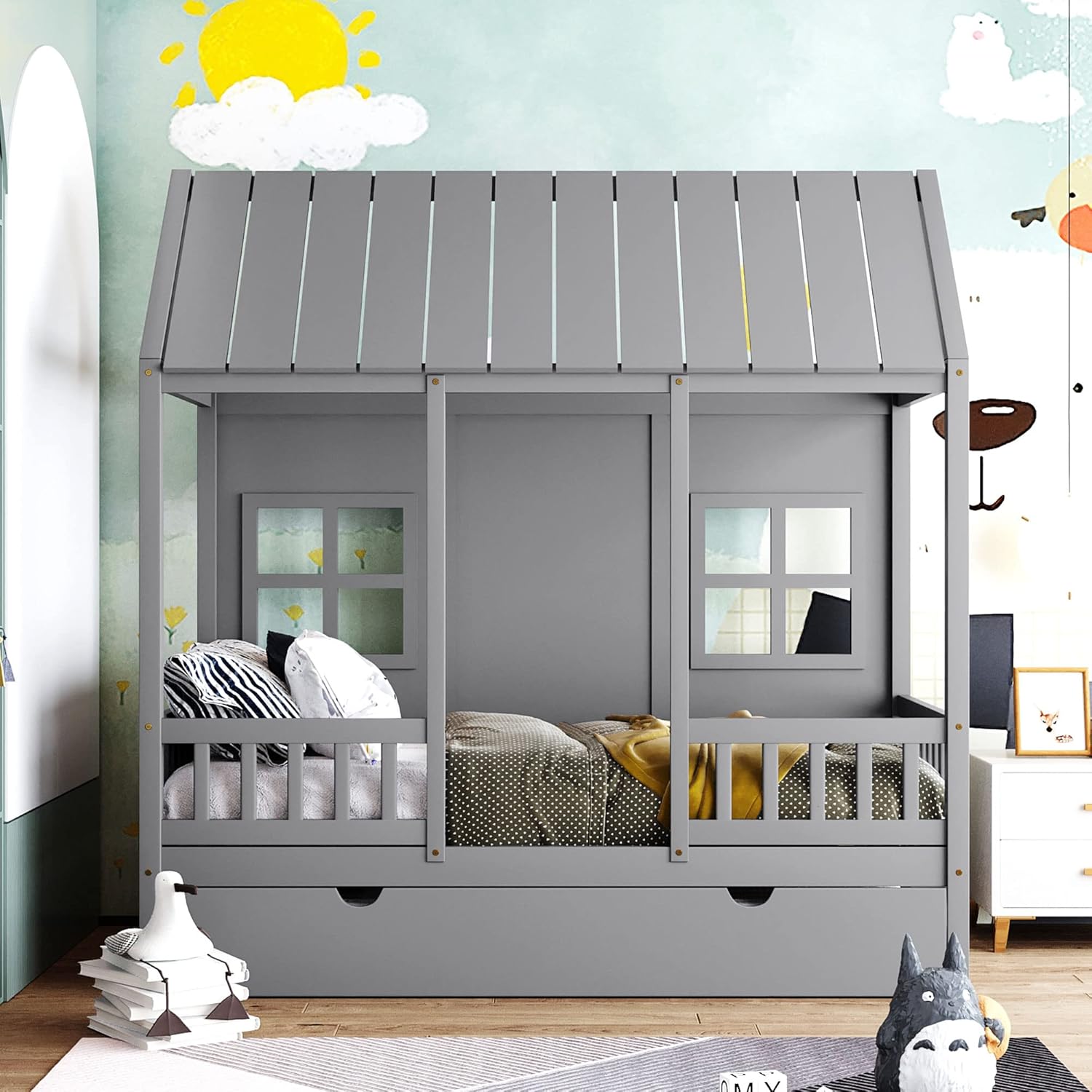 Gray Twin Size Wooden House Bed with Trundle F23323