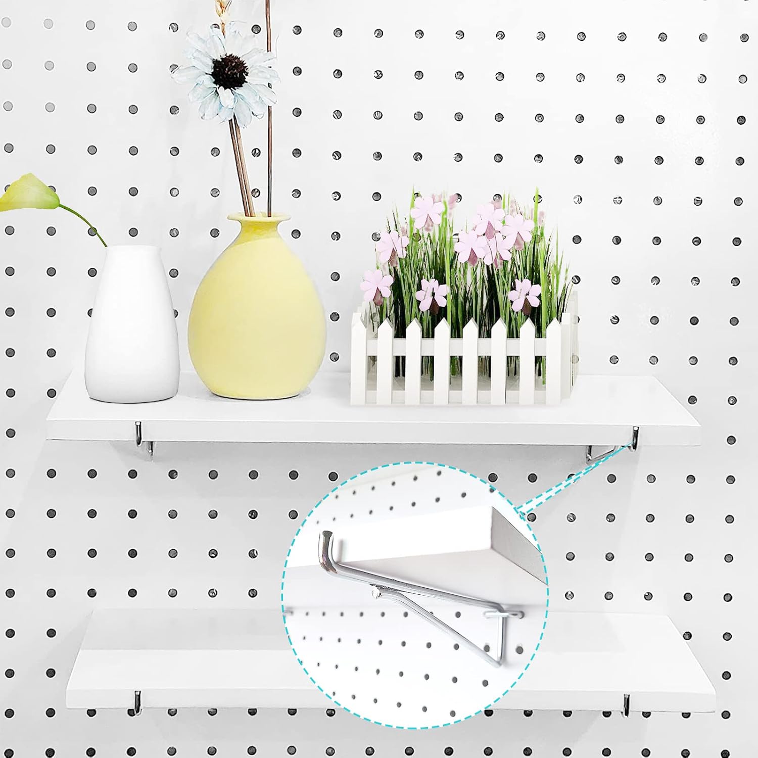 White Stain-Resistant Pegboard Shelf Set with Steel Brackets and Hooks, Pack of 2 O222