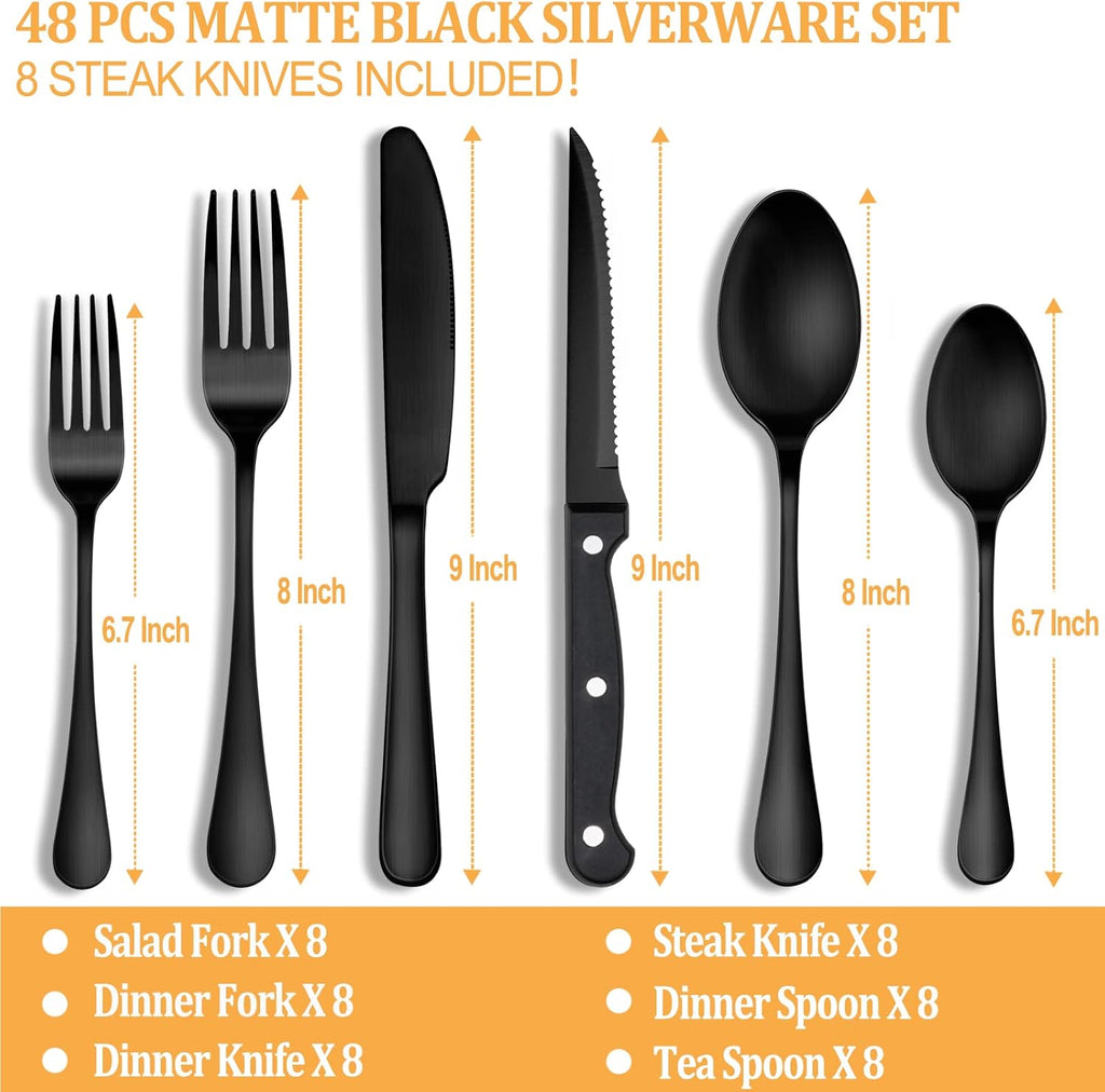 48 Piece Matte Black Stainless Steel Flatware Set with Steak Knives Y4581