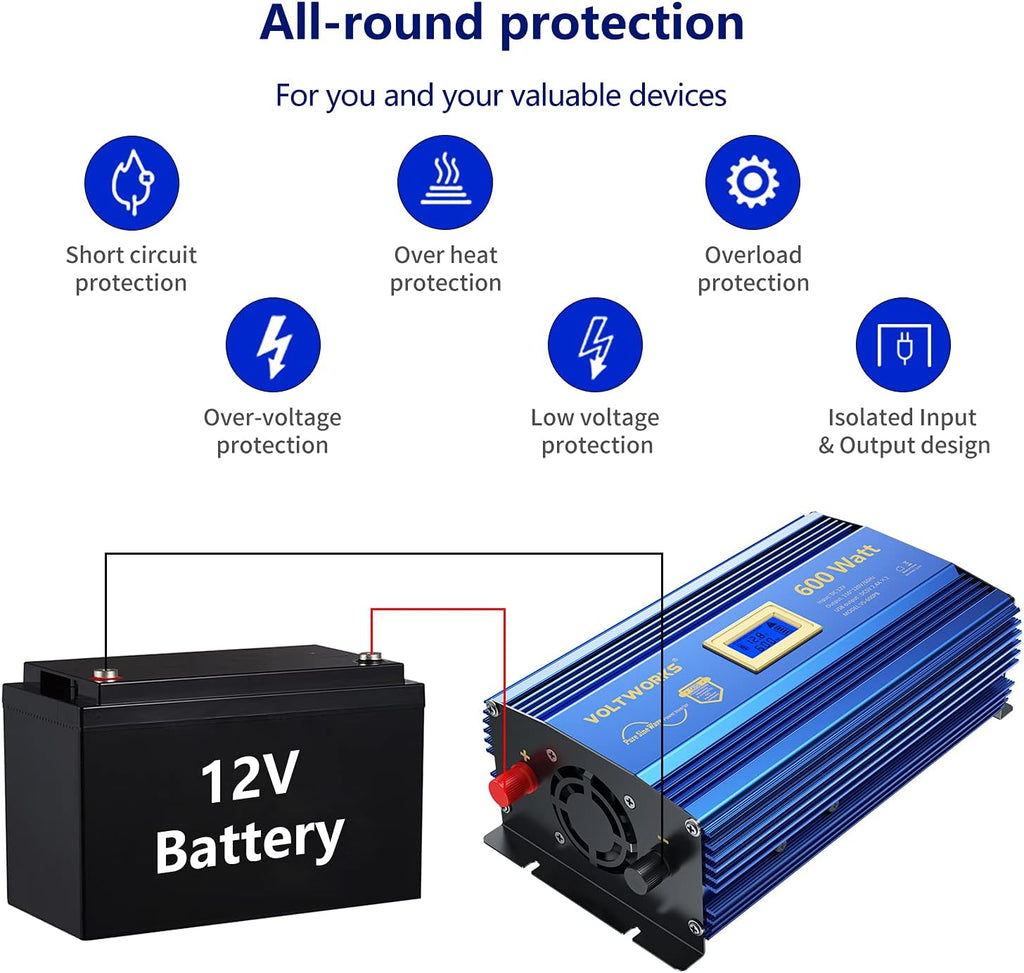 600 Watts Pure Sine Wave Power Inverter DC 12V to AC 110V 120V with Dual 2.4A USB Port & LCD Display T2839